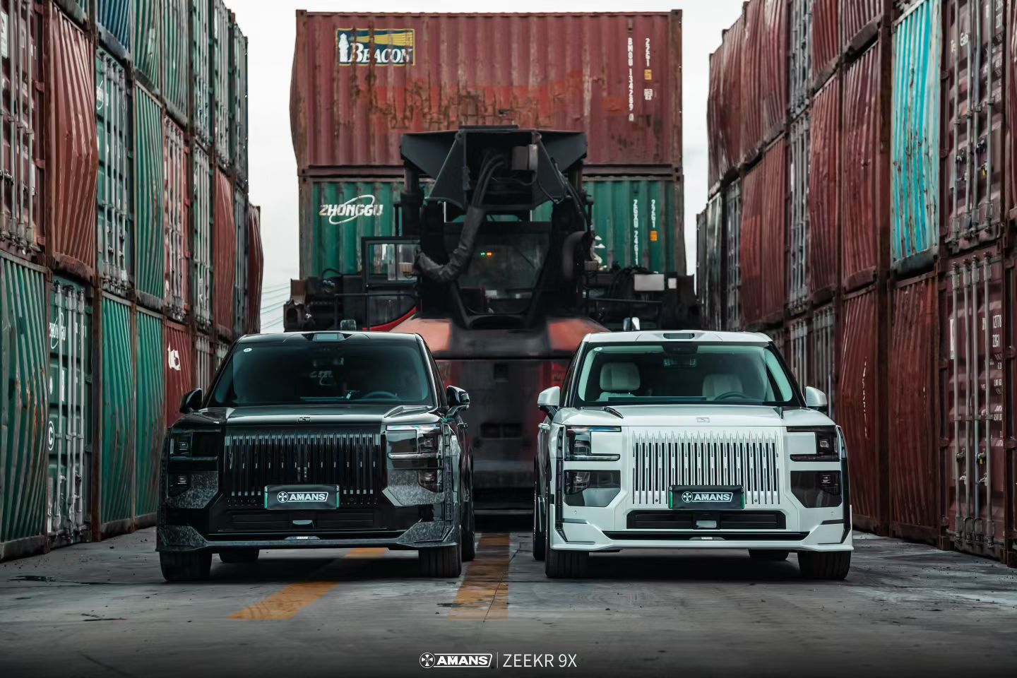Black and white modified ZEEKR 9X vehicles in an industrial setting